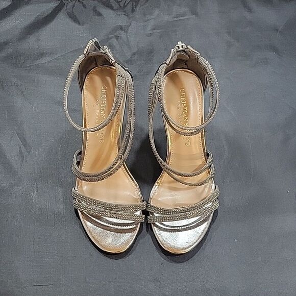 CHRISTIAN SIRIANO WOMEN'S PU ANKLE STRAP OPEN TOE RHINESTONE  HEELS SANDALS - Picture 3 of 14